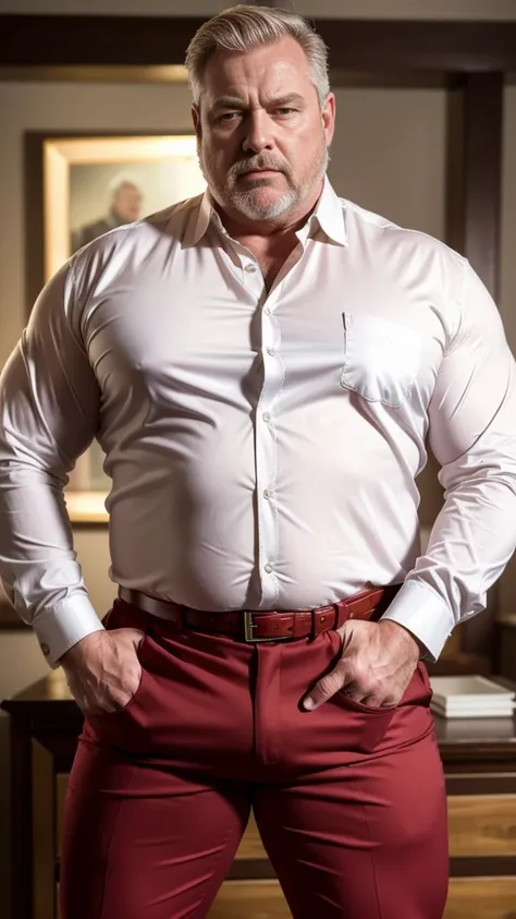 (best quality,4k,8k,highres,masterpiece:1.2), age 60, white man sheriff , horny disgusting, muscular chubby, kind, opened red silk shirt, mature daddy, Dress Pants with big bulge, hairy chest hard nipple, belt, loafer,