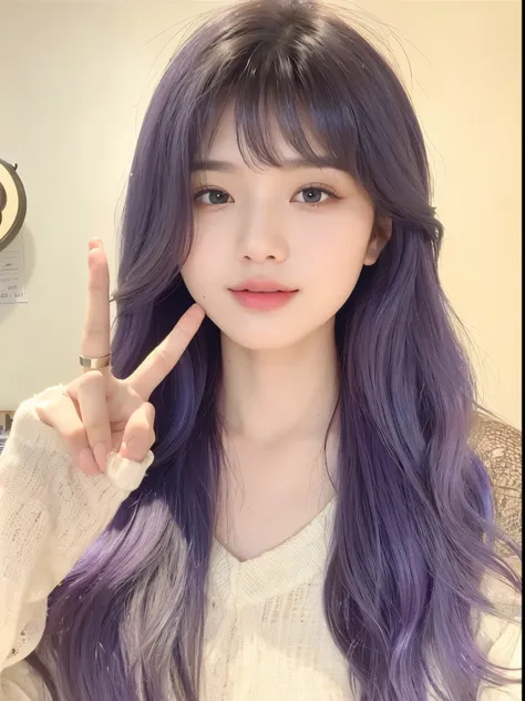 masterpiece，Best quality，Wearing off-white clothes，一头黑紫色渐变Long curly hair女孩，Long curly hair，Flowing long hair，Bangs，Black gradient purple hair，Sweet Girl，Exquisite facial features，20 years old，Chinese Girl，