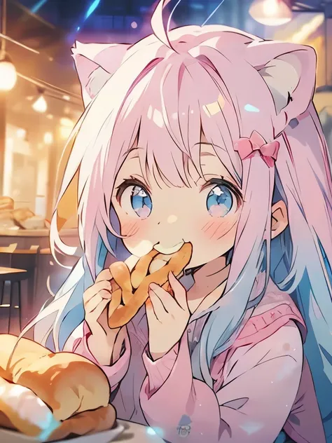 masterpiece、girl、Light blue hair、Light pink hair、Long Hair、Sparkling eyes、Cat ear、smile、bright、(((Eating bread)))