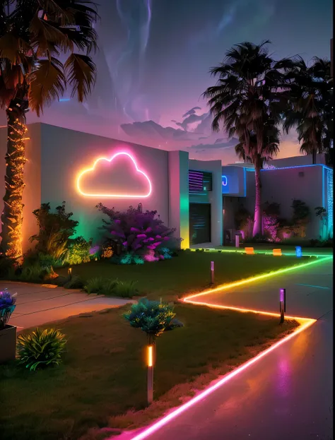 arafed image of a house with a neon cloud sign on the wall, neon ambient lighting, neon landscape, dreamy soft neon lights, vaporwave lighting, vaporwave lights, colorful neon lighting, neon lights outside, neon ambiance, vaporwave lighting style, neon acc...