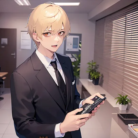 upper body、shiny skin、masterpiece、Highest quality、BREAK (25-year-old male:1.5) and (Blonde short hair) and (Orange eyes) and (jitome), (Wearing a suit:1.3) and (tie) BREAK 立っる、smile、open mouth, The background is the conference room、alone、