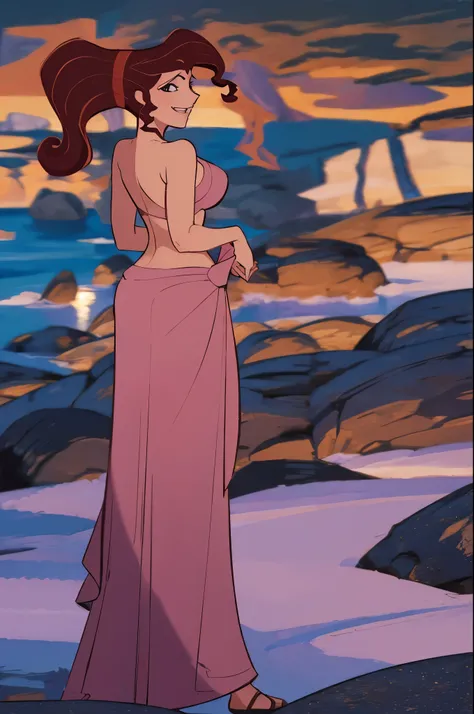 Megara ((nude)) (back view) (full figure) at a deserted rocky beach, smiling, fun (depth of field) ((highly detailed, beautiful detailed face, masterpiece, best quality)), Megera