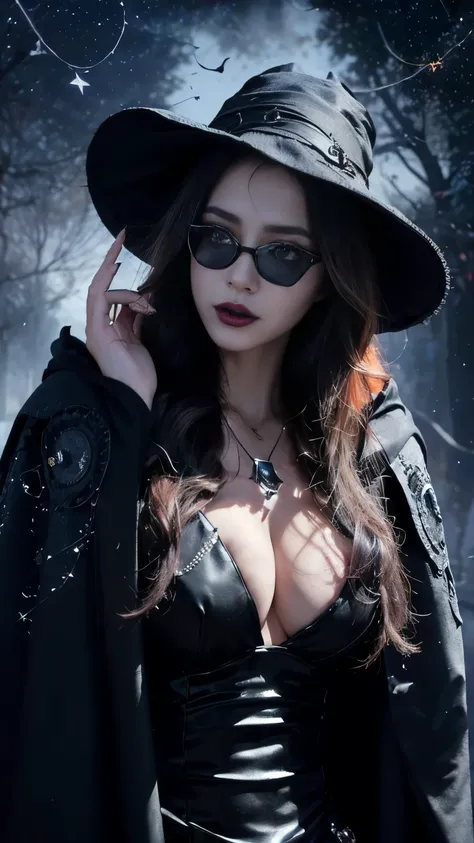 (Fatal Beauty,A charming villain,witch) ,(A supple and powerful physique),(Sensual charm),(Mysterious charm:1.1),(Captivating silhouette),((((Glasses))))、((((big sapphire necklace))))、(Highest quality,High resolution:1.2),(dark,Threatening:1.1),((dark horr...