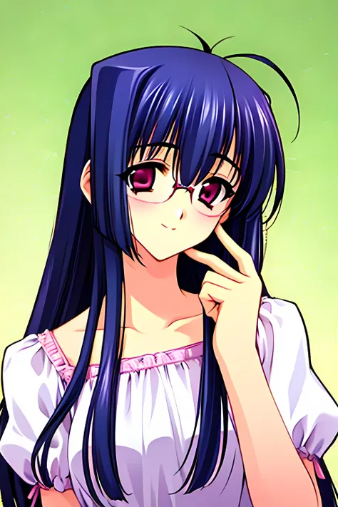 (masterpiece, high quality, best quality), 1girl, dark blue hair, {glasses}, smile, upper body, {small bust}, long hair, ahoge, {pink eyes}