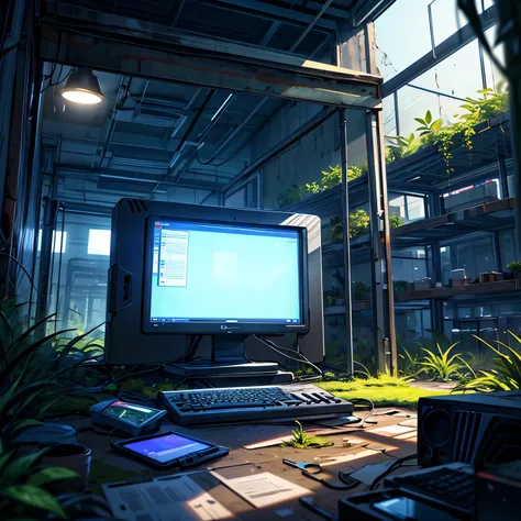 ((Best quality)), ((Masterpiece)), (Detailed), A ruined world, Mossy, ((Inside the lab)), blue lights, broken one Computer, Grass growing on the floor and walls, 
monitor in the center of the screen, Broken but lit screen, ((Plants growing haphazardly))
