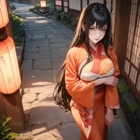 A woman wearing a long-sleeved orange kimono, large breasts, feathers red on the sleeves of the kimono, black hair, long hair, ahoge, mask with the golden, bright red eyes, smiling, perfect face, Asian face, perfect lips, standing on a concrete sidewalk, i...