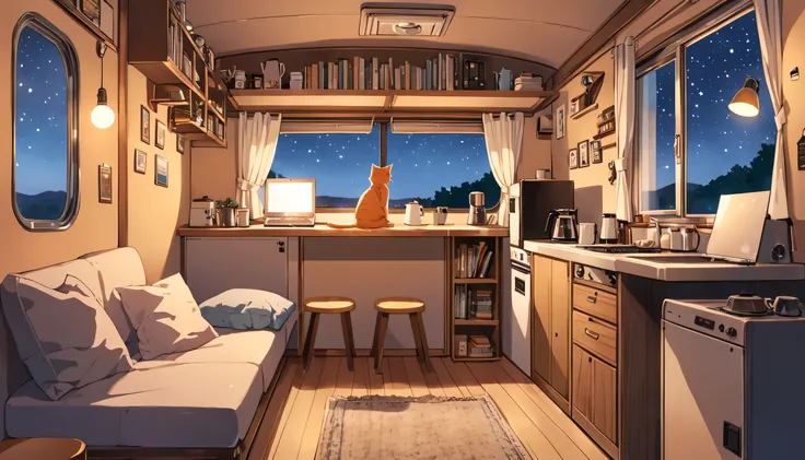 The interior of the camper van exudes a unique atmosphere that blends Lofi and ghibli styles. The design is both comfortable and exquisite, featuring a single bed near a large window. A cute, lazy cat lies on the bed, gazing out at the night sky, evoking a...