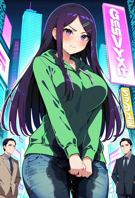 (masterpiece:1.37), best quality, (extremely detailed:1.37), woman, (mature:1.5), (adult:1.5), large breasts, very long hair, (straight hair:1.5), dark purple hair, purple eyes, (extremely detailed eyes:1.37), hoodie, jeans, desperation, (wetting self:1.5)...