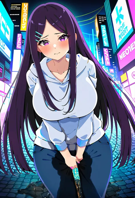 (masterpiece:1.37), best quality, (extremely detailed:1.37), woman, (mature:1.5), (adult:1.5), large breasts, very long hair, (straight hair:1.5), dark purple hair, purple eyes, (extremely detailed eyes:1.37), hoodie, jeans, desperation, (wetting self:1.5)...