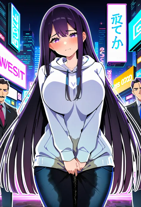 (masterpiece:1.37), best quality, (extremely detailed:1.37), woman, (mature:1.5), (adult:1.5), large breasts, very long hair, (straight hair:1.5), dark purple hair, purple eyes, (extremely detailed eyes:1.37), hoodie, jeans, desperation, (wetting self:2.0)...