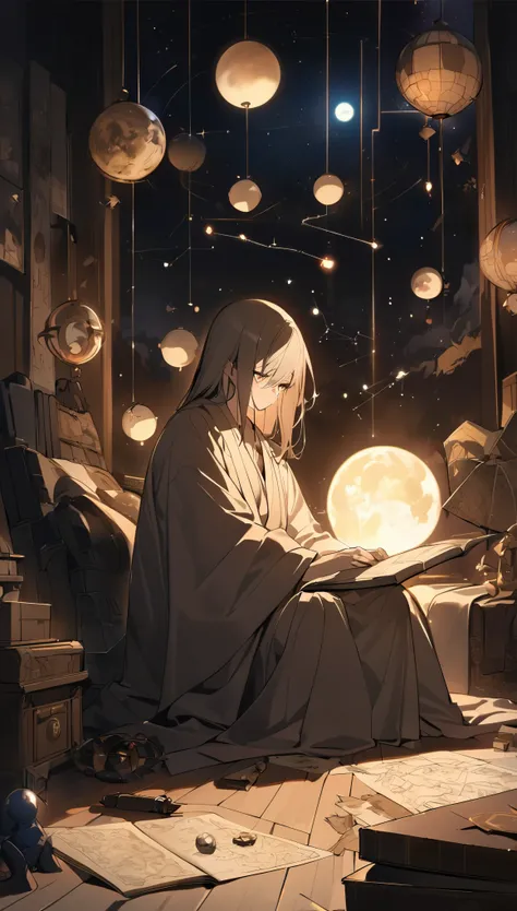 best quality, super fine, 16k, 2.5D, delicate and dynamic depiction, dark astrologer, wearing heated robe and only shadow of his face is visible, sits on the floor and begins to read fortunes, dimly lit room filled with large number of astrological tools, ...