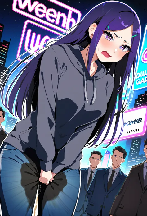 (masterpiece:1.37), best quality, (extremely detailed:1.37), woman, (mature:1.5), (adult:1.5), large breasts, very long hair, (straight hair:1.5), dark purple hair, purple eyes, (extremely detailed eyes:1.37), hoodie, jeans, desperation, (wetting self:2.0)...