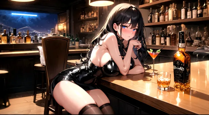 best quality, 4K, high resolution, masterpiece:1.2, Extremely detailed），Sad expression looking at the camera，Large Breasts,30 years old girl,独奏,black hair,long hair,blue eyes,(drunk,blush),sitting,drinking,((Mature sexy body))，Black stockings，Black tight s...