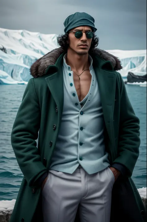 masterpiece, best quality, extremely detailed, hyperrealistic, photorealistic, a cool 40s man, hat, sunglasses, green fur-trimmed coat, white shirt, meduim hair, frozen sea, glacier
