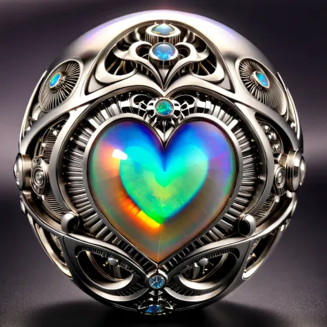 a pure diamond and opal mechanical orb, giger style, silvercarvingcd_xl , rainbow heart aura,