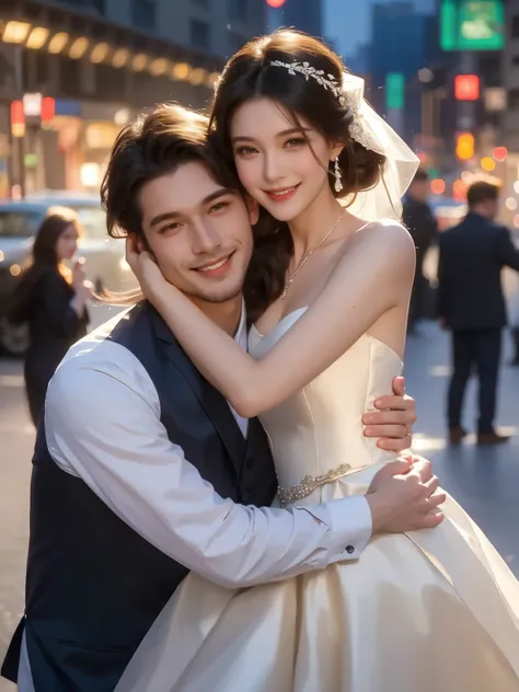 a man hugging a woman，modern city，25 years old，beautiful face，smile and look at the camera，wedding