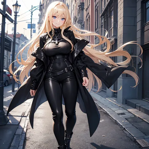 A woman wearing a black shirt with a white iron cross design, wearing a long black jacket, wearing feminine black pants, black boots, blonde hair, long hair, standing posture, blue eyes, smiling, big breasts, walking in a sidewalk of a traditional German c...