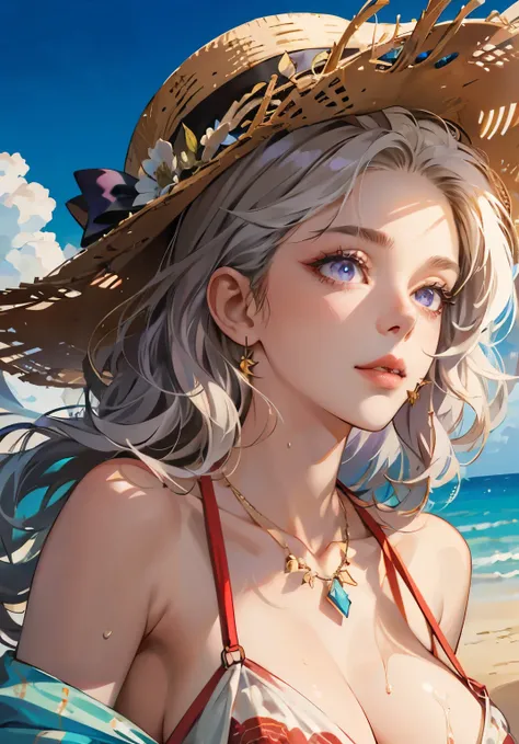 (masterpiece:1.2, best quality), (1lady, solo), Clothing: white floral pattern bikini, wide-brimmed hat, strappy sandals, Accessories: shell necklace, sunglasses, Hair: loose beach waves, white hair, bob cut, Makeup: natural, glowing skin, Behavior: relaxe...