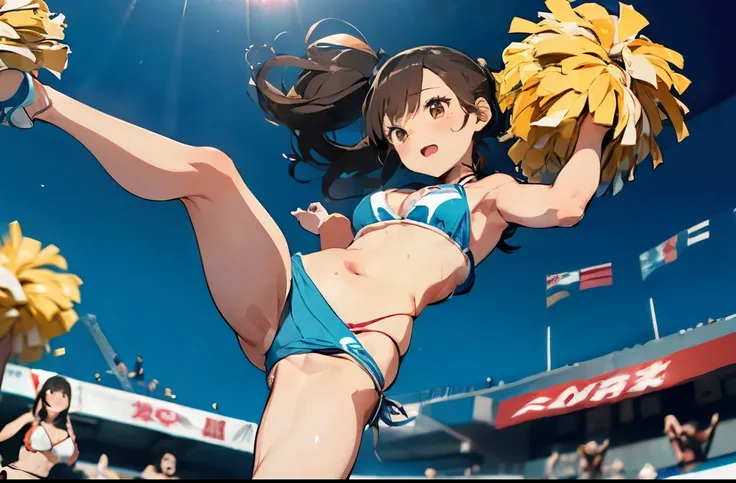 nsfw:1.2,(Ultra flat, Flat Shading), Honors Type, Really blushing, 17 years old, (Cheerleading match:1.5), Three Girls, Wear White (High cut T-back bikini swimwear:1.5), Wedge Shape:1.5, Camel Toe:1.7, Sneakers, Ponytail Brown Hair, Sweaty healthy body, My...