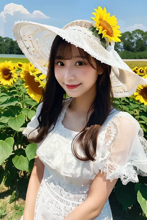 fuwa aika,One girl,alone, (White lace dress:1.2),loose fitting dress (sun visor hat:1.2), Sunflower field, Under the sunlight, A light smile,View your viewers, Wind, dynamic, Strong light and shadow,dynamic pose,