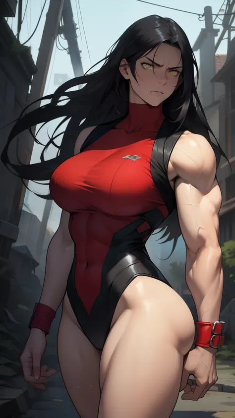 giant hair massive breasts huge muscles big thighs black hair yellow eyes pale skin angry sad girl thick as fuck long straight hair long straight hair 