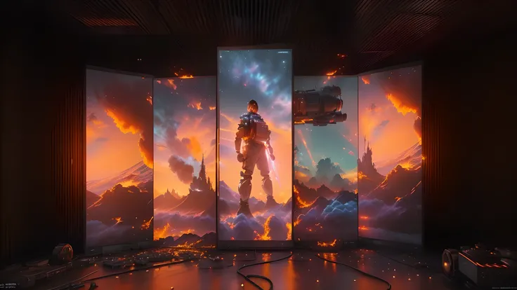 There are three screens，A man standing in front of a stove, Stunning splash screen artwork, cinematic beeping sounds, beeping sounds. Octane Rendering, Highly detailed VFX scenes, beeping sounds daily art, stunning vfx, realism | beeping sounds, Stunning e...