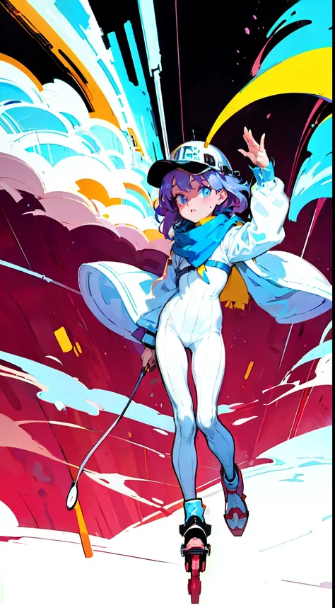 (ultra detailed,ultra high res,detailed background),((2D)),((flat color)),((muted color)),((floating neon)),1girl,solo,looking at viewer, spray paint, graffiti, girl in a white fencing suit, long plush scarf, full body image, adult woman, anatomically perf...