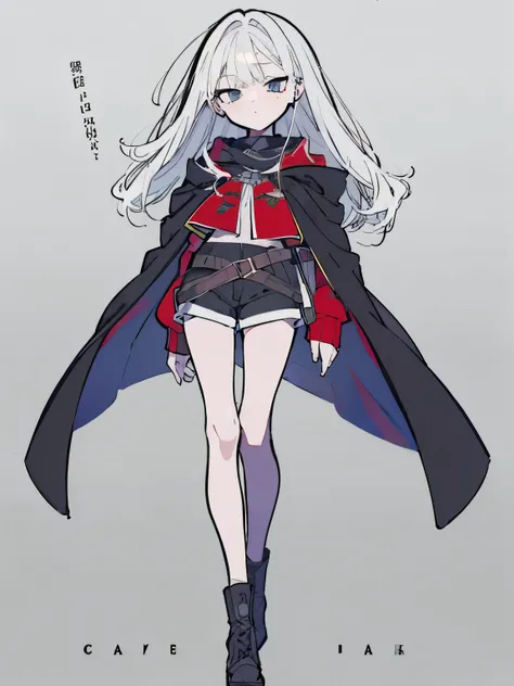 White hair,Waist-length hair,beautiful girl,No Expression,whole body,Height 145 cm,Black shawl cloak,A cloak that covers the body,Different world,HD,8K,detail,whole body,Over the knee socks,s socks,Red vest,Black shorts,Ankle boots,No background,With hands...