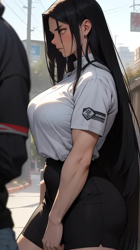 giant hair massive breasts huge muscles big thighs black hair yellow eyes pale skin angry sad girl thick as fuck long straight hair long straight hair 