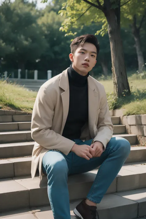 (lifelike, high quality: 1.3) handsome asian man, tall, turtleneck, skinny jeans, photography, dutch angle, outdoor, hair styled upwards, sitting on stairs in a park 