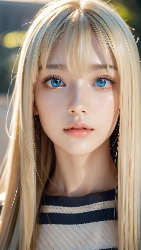 Dressed、(Photorealistic:1.4)、(ハイパーRealistic:1.4)、(Realistic:1.3)、(Smooth lighting:1.05)、(Improved cinematic lighting quality:0.9)、32k、1 Girl、A beautiful woman、Very cute expression、A beautiful 15 year old blonde girl、bangs that fall on the face、Bangs left o...