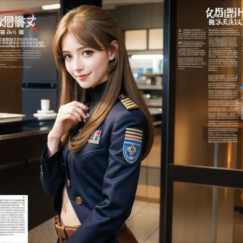 high quality, woman in uniform tied up hair in a magazine article about fashion in tokyo, 1girl, solo, navel, brown hair, smile, realistic, grin