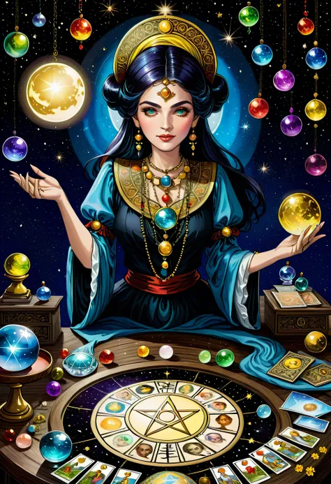 illustration of astrologer, 
a beautiful woman is telling fortunes in an astrologer's costume, a wide variety of accessories, ta...