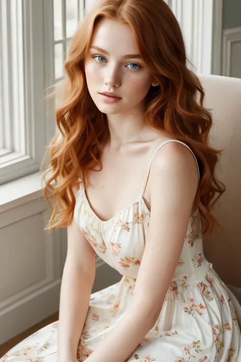 1girl in, age19, Solo, Aesthetic artwork, irish redhead, wavy ginger hair, shoulder length ginger hair, gray eyes, light grey eyes, some small freckles, pale skin, C-cup, medium breasts, runners body, (textured skin, skin pores:1.1), (moles:0.8), imperfect...