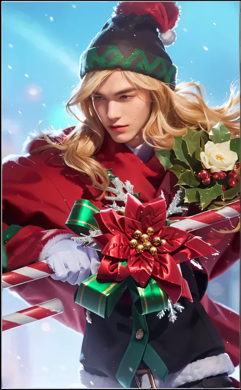 a close up of a handsome boy in a red coat holding a candy cane, christmas, wearing a fur trimmed hat, detailed facial features, warm lighting, cinematic, high quality, photorealistic, 8k, best quality