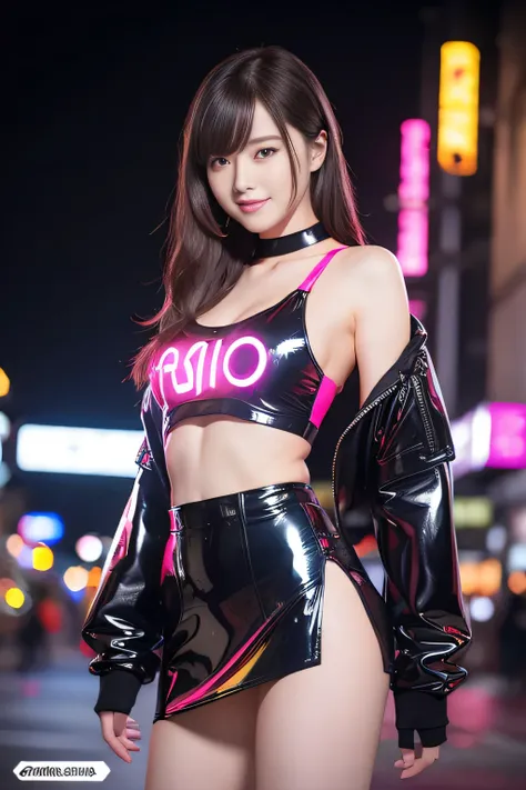 browsing caution、female idols、smile、ezvian everywhere、、shiny latex mini skirt（neon fuchsia)、(multi-colored long hair)、conceptual...