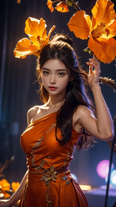 Full figure, seven -clinging shooting, 18 years old, wearing  firefly clothes, exquisite faces, details, hands, ultimate details, amazing magnificence, Pedaipan style, fiber hair, glowing orange iris, glowing orange flower,