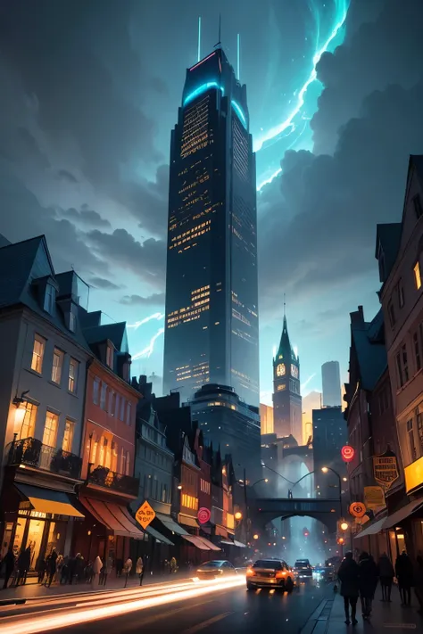 a vibrant, futuristic Quebec City at dusk in digital art, combining elements of cyberpunk and sci-fi with the dynamic style of a Marvel comic book illustration. The scene is awash in neon hues and iridescent lights, with towering skyscrapers piercing the c...