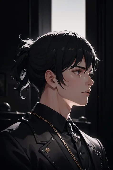 a 20 year old man with black wolfcut hair and silver mullet, extremely detailed side profile portrait, chiaroscuro lighting, cinematic composition, dramatic lighting, high contrast, sharp focus, photorealistic, 8k, intricate details, hyperrealistic, moody,...