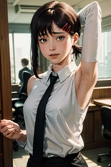 masterpiece, best quality, ultra-detailed, illustration, epic lighting, cinematic composition, isometric, 1girl, solo, cute, brown eyes, black hair, swept bangs, single sidelock, red hairclip, white collared shirt, sleeveless outfit, black necktie, black p...