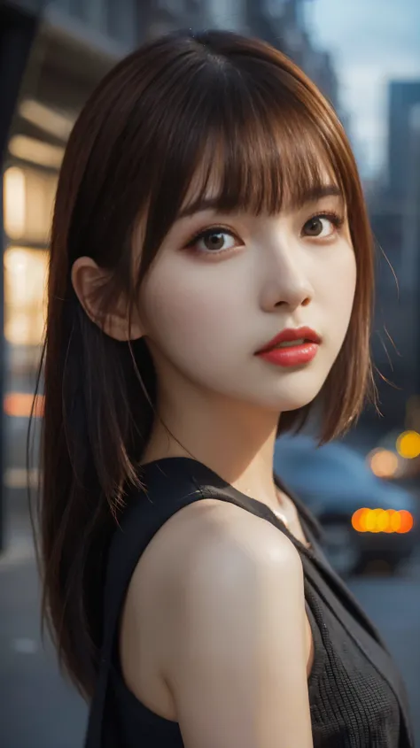 beautiful girl, Half Body Portrait,Short, bright red, messy hair, Black Eyeshadow, (Street Style Wear:1.2), (Urban Background:1.2), Heavy makeup, Digital Art, Trending on Art Station, highly detailed, The finer details, Complex, beautiful detailed glow, d...