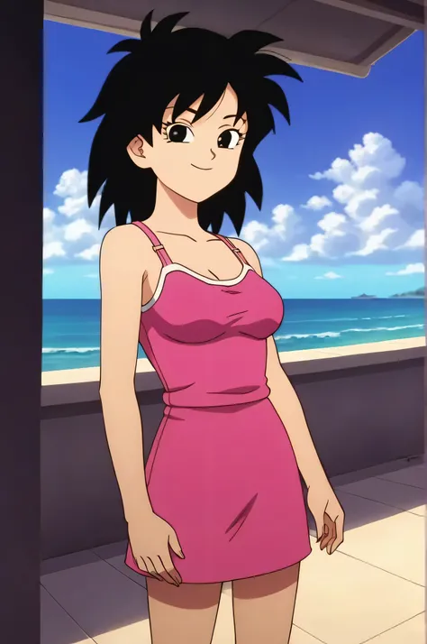 source_anime, score_9,score_8_up, score_7_up, ginedb, anime screencap, 1girl, solo, looking at viewer, smile, medium breasts, black hair, beach, ocean, bare shoulders, medium breasts, smile, cowboy shot, medium hair, black eyes, spiked hair, eyelashes, Pin...