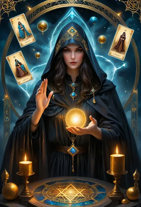 Fortune Teller,Metal photo frame,card,tarot cards:1.37.Mysterious fortune teller in cloak,Finger taps an array of tarot cards in the air,Mystical symbols and elements,Ancient mysterious atmosphere,Realistic illustration details,A composition full of vitali...