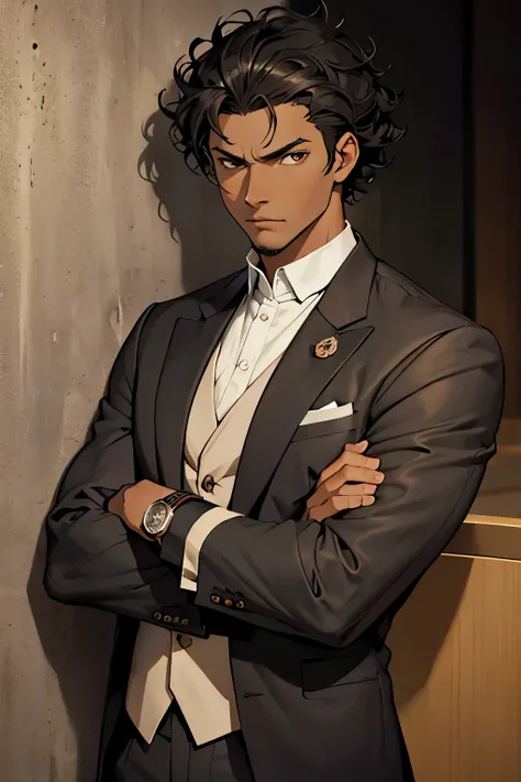 Anime styles, black man with brown eyes, slim, gray suit, thoughtful expression, short curly black hair, hotel wall background, arms crossed, sure he said the right thing