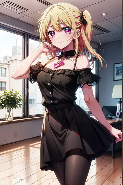 rubyhoshino, Hoshino Ruby, Long Hair, bangs, Blonde, (Pink Eyes:1.3), (Symbol-shaped pupil:1.5), Multicolored Hair, Two-tone hair, happy smile, smile, Close your mouth,
break, Cold Shoulder Shirt,Short sleeve,Long skirt,Black pantyhose,Stiletto heels,There...