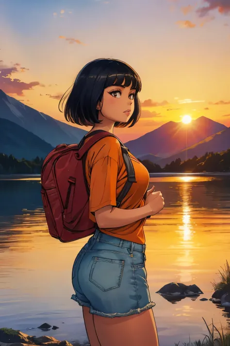 Dora the Explorer, a woman with dark hair, wearing denim shorts and an orange t-shirt, stands on a rocky shore, looking out at a calm lake. She is carrying a red backpack. The sun is setting in the distance, and there are mountains on the horizon. The wate...