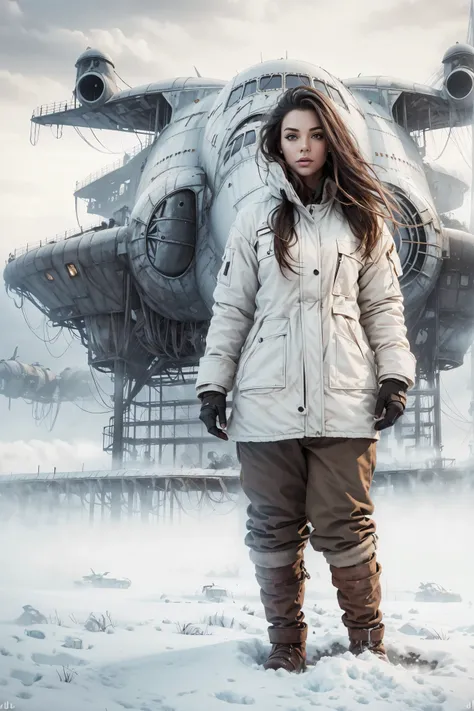 apocalyptic gorgeous hot woman. age 23.standing in the snow next to a giant shuttle