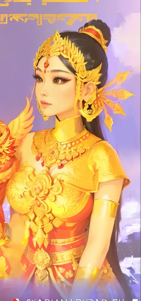 a close up of a woman in a red dress holding a bird, sukhothai costume, portrait of modern darna, ancient libu princess, nivanh chanthara, thailand art, goddess of love and peace, detailed image, apsaras warrior, wearing ornate clothing, anime thai girl, c...