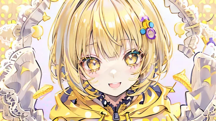 girl, yellow hair, bob cut, yellow eyes, ((lace clothes: 1.3)),((fidgets shyly: 1.2)),((opens mouth, looks up and smiles shyly: 1.3) ),((Angle from above: 1.4)),((Face close-up)),((Polka dot background: 1.2)),(Wearing zipper hoodie: 1.3),(Yellow, light blu...