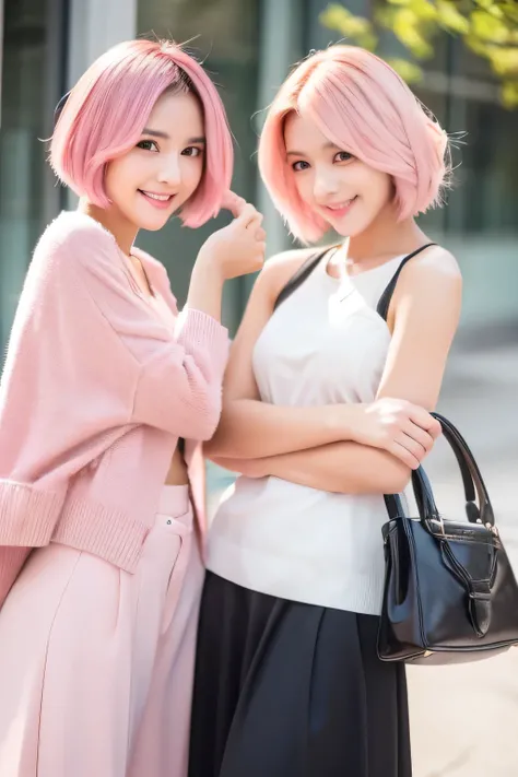 ３Two beautiful young women　fashionable　model　Cross your arms　A good friend　smile　fun　Short Bob　Pink Hair　Beauty　cute